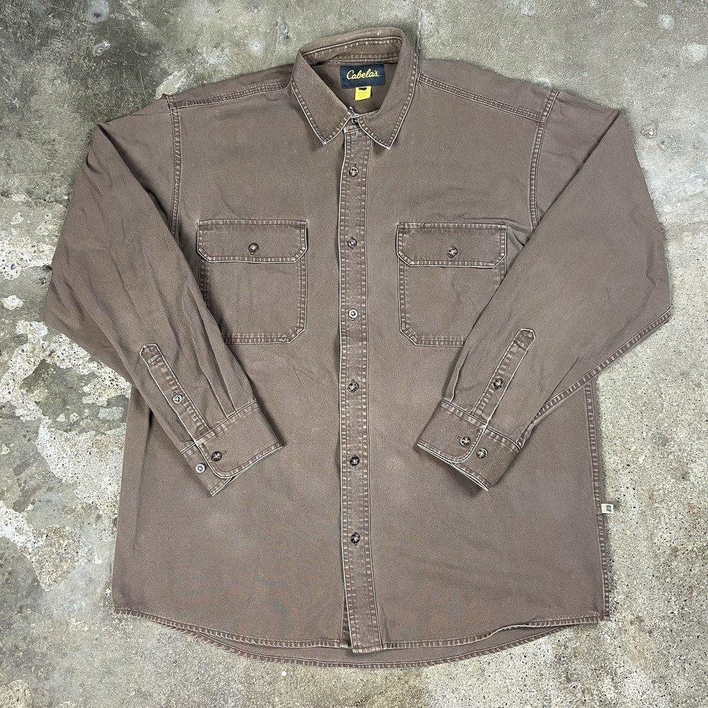 Cabellas Button Down Canvas Shirt Size Large Brown Khaki Long Sleeve Hunting